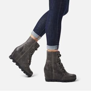 Sorel Joan of Arctic Wedge II Quarry Gray Leather Round Toe Boots NIB Size 9.5
